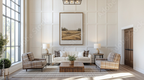 American countryside style farm house interior design, modern living room
