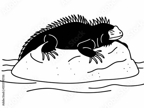 Premium Marine Iguana Icon Resting On Rock Spiky Crest On Line Art Design