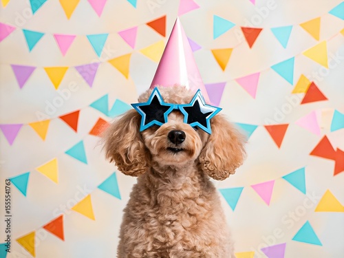 Stylish Party Poodle in Star Sunglasses and Pink Hat