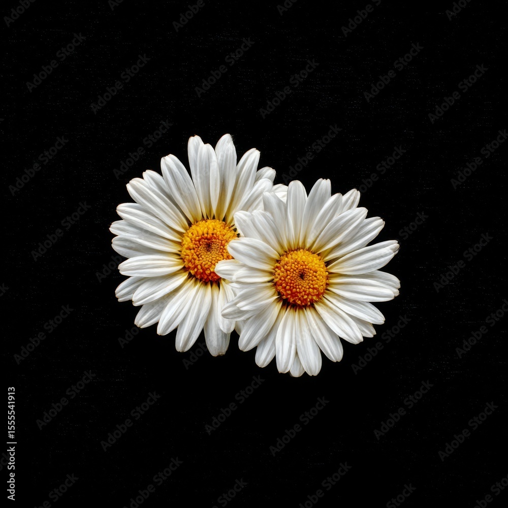 Obraz premium Two White Daisy Flowers Blooming Brightly Against a Dark Backdrop, Symbolizing Purity and Freshness in a Floral Still Life