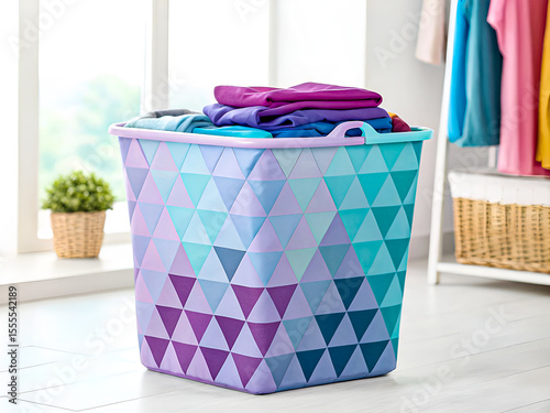 Vibrant Laundry Basket with Clean, Colorful Clothes in a Bright Modern Interior