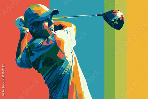 A vector-style illustration of a golfer mid-swing, using flat colors, simple shapes, and bold contrast on a vibrant background to capture dynamic movement in a clean, modern form.