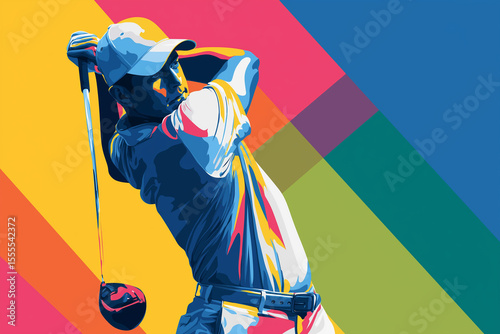 A vector-style illustration of a golfer mid-swing, using flat colors, simple shapes, and bold contrast on a vibrant background to capture dynamic movement in a clean, modern form.