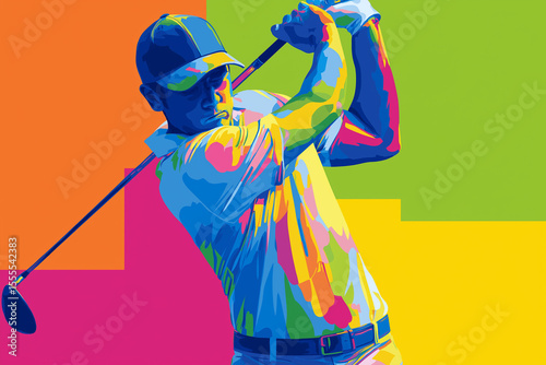 A vector-style illustration of a golfer mid-swing, using flat colors, simple shapes, and bold contrast on a vibrant background to capture dynamic movement in a clean, modern form.