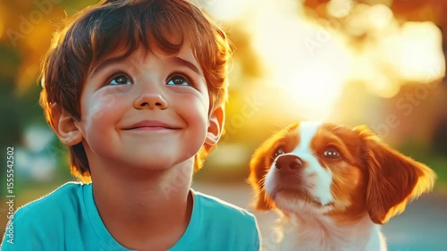 A child with a dog on a bright summer background.