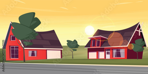 cottage environment with housing  fields and roads
