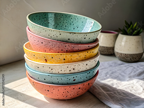 Vibrant Stack of Handmade Ceramic Bowls. Perfect for Kitchen Styling