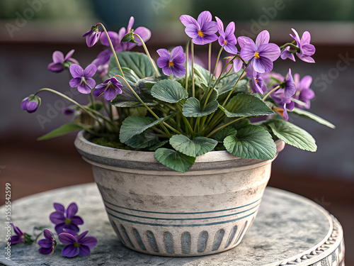 Vibrant Purple Violets in Rustic Pot