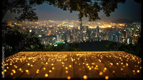 View of the glowing city at night, decorated with lights.