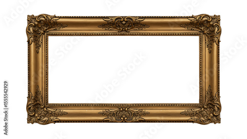 An ornate rectangular goldcolored picture frame with decorative carvings and a central blank white space
