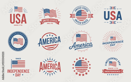 A collection of patriotic United States of America-themed badges featuring the American flag and Independence Day in red and blue colors.