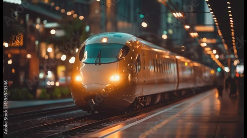 A modern electric train passing through the city.