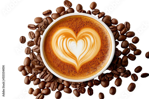 Creamy latte art with heart design in white cup surrounded by roasted coffee beans on dark background for coffee enthusiasts and barista inspiration