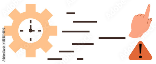 Gear with clock represents time management, hand gesture for action, and warning sign for risk. Ideal for project management, productivity, deadlines, efficiency, focus decision-making. Simple flat