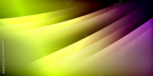 Abstract background features vibrant curves. Colors transition from green, yellow, purple, black creating dynamic visual effect. Smooth gradients dominate composition.