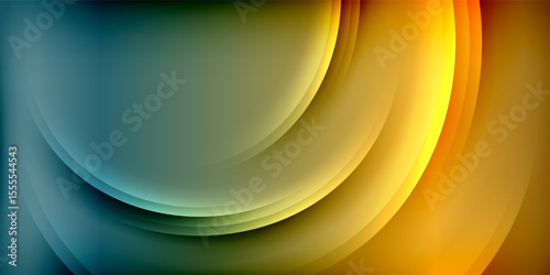 Abstract design features flowing curves, vibrant colors. Smooth gradients transition from blue to yellow, orange hues. Dark background emphasizes luminosity.