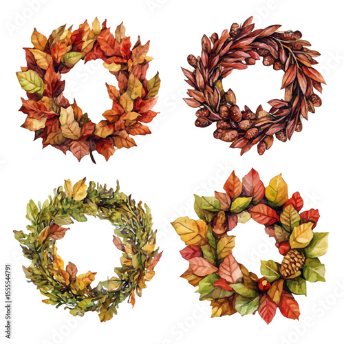 watercolor vector of Fall Wreaths, isolated on a white background.