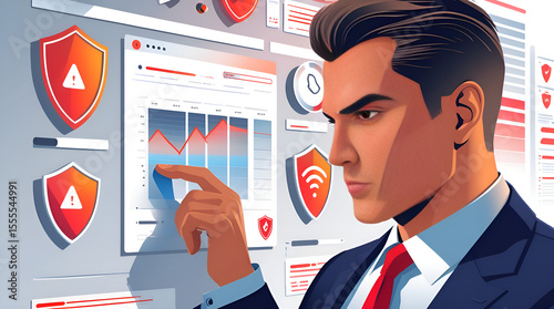 Minimalist Illustration of Executive Assessing Cyber Threat Notifications