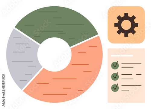 Circular pie chart divided into three segments, checklist with green checkmarks, and gear icon for process. Ideal for planning, workflow, analytics, task management, organization, strategy team