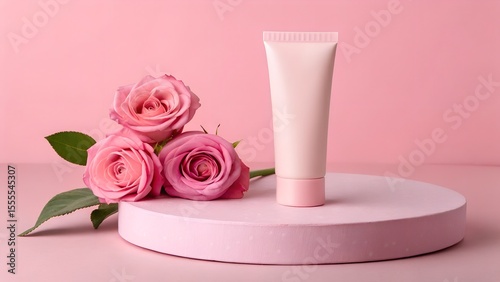 A pink beauty product tube stands on a matching round pedestal with fresh pink roses against a soft background.