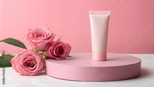 A pink cosmetic cream tube stands elegantly on a round pink display platform, accompanied by three fresh pink roses, against a soft pink background.
