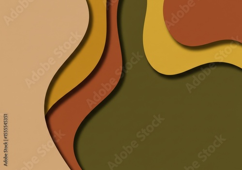 Abstract layered paper design in earth tones with wavy shapes and shadows