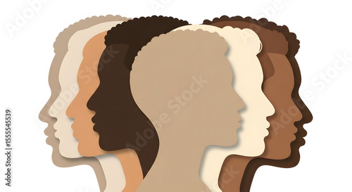 Diverse Group of Silhouettes of Human Profiles in Neutral Colors on White Background