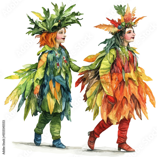Fall Parade Colorful Costumes, watercolor clipart vector, isolated on a white background.
