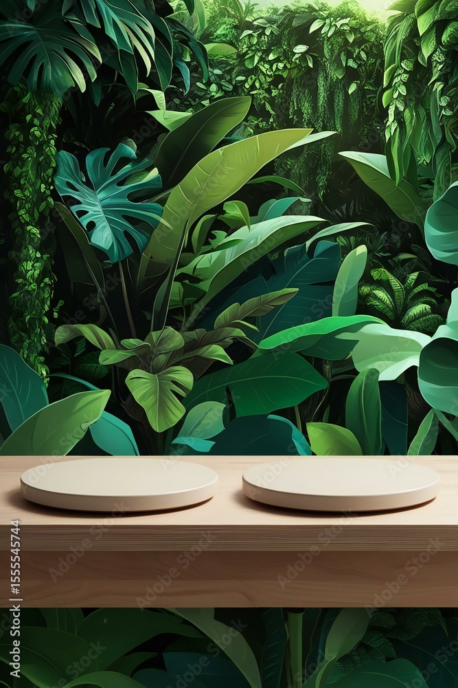 Obraz premium Tropical leaf background with two display platforms