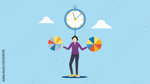 Person juggling pie charts under a clock symbolizing time management and data analysis