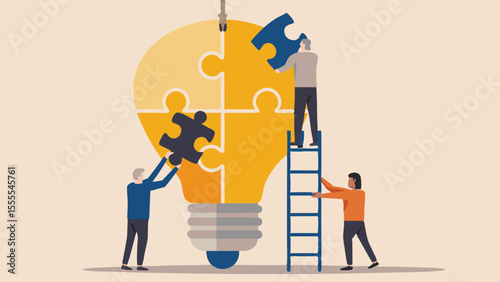 Teamwork and collaboration building a bright idea lightbulb puzzle together