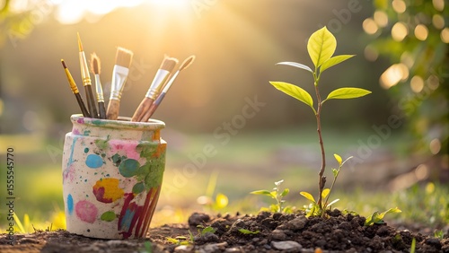 Artistic paint brushes in a brightly painted pot stand near a young plant thriving in rich soil bathed in warm sunlight.