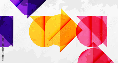 Abstract geometric shapes, vibrant colors, textured background. Composition suggests dynamic visual interplay. Modern design elements present.