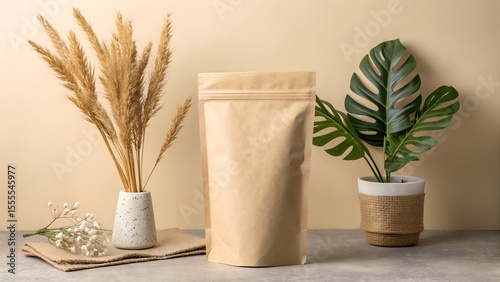 Blank brown paper pouch stands on a concrete table with natural pampas grass and green plant, providing an earthy product mockup display.