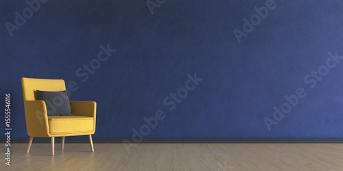 Yellow armchair against a textured blue wall