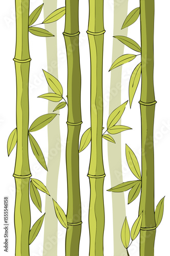 vector of vertical bamboo stems with green nodes and realistic leaves, slight bending, isolated on white background
