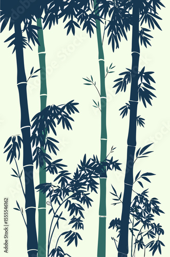 vector of vertical bamboo stems with green nodes and realistic leaves, slight bending, isolated on white background

