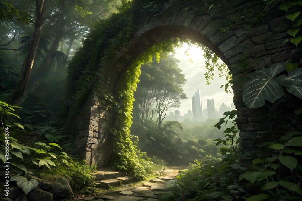 Obraz premium Sunlight illuminates an old stone archway overgrown with green vines, revealing a path through a lush forest towards distant urban buildings.
