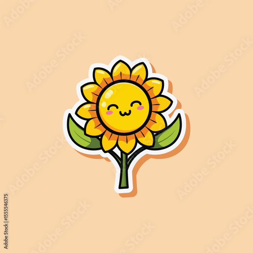 Cute sunflower vector illustration with smiling expression while closing eyes