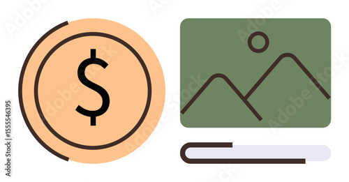 Dollar coin beside an image icon symbolizing investment, media, value growth, and modern economics. Ideal for finance, wealth, multimedia, savings technology and digital economy concepts. Simple
