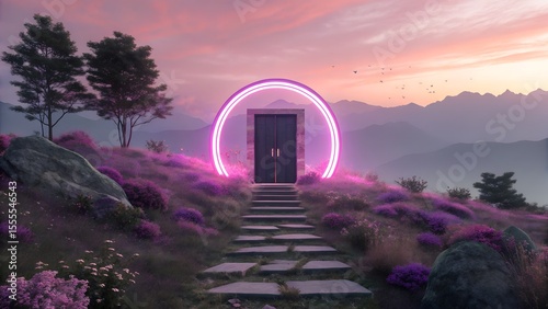 A glowing neon portal on a hill of purple flowers with a path leading to it under a beautiful sunset sky over distant mountains.