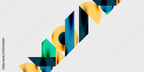 Abstract colorful design. Overlapping shapes create dynamic visual impact. Yellow, teal, blue hues dominate composition. Modern aesthetic.