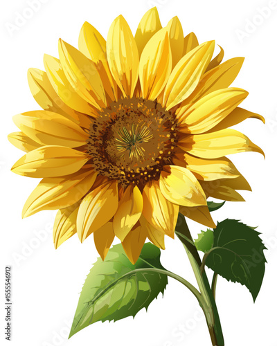 vector of a fully bloomed sunflower head with yellow petals and brown seeds, realistic lighting and shadows, isolated on white background
