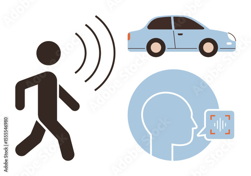 Person emitting motion signals, car denoting smart vehicle, and head with voice recognition highlights. Ideal for technology, AI, mobility, safety, speech, automation future simple flat metaphor