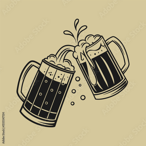 A black and white illustration of two beer mugs clinking, with beer splashing and foam overflowing.