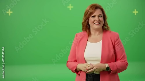 Smiling presenter in a pink blazer stands in front of a green screen, ready for a video shoot