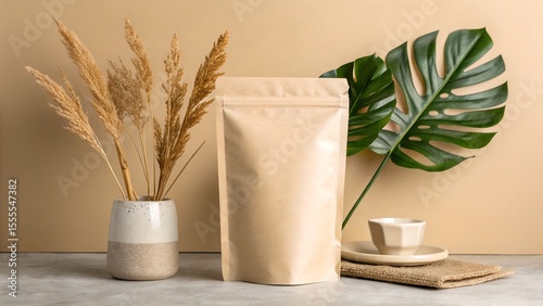 A blank brown kraft stand up pouch is displayed on a neutral table with dried plants and a large green leaf.