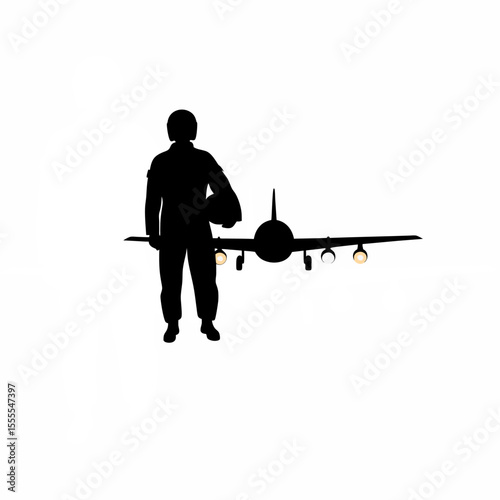 Silhouette of a pilot standing near an airplane on white background