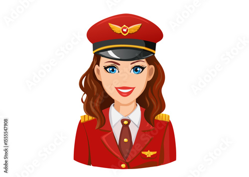 Smiling Female Pilot in Red Uniform and Hat