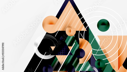 Abstract geometric composition. Shapes overlap, creating dynamic visual interest. Colors include orange, green, black, white. Modern design.